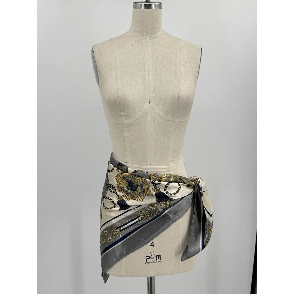 Vintage Nautical Chain Anchor Tassel Satin Scarf Gray Blue Gold Square 34x34